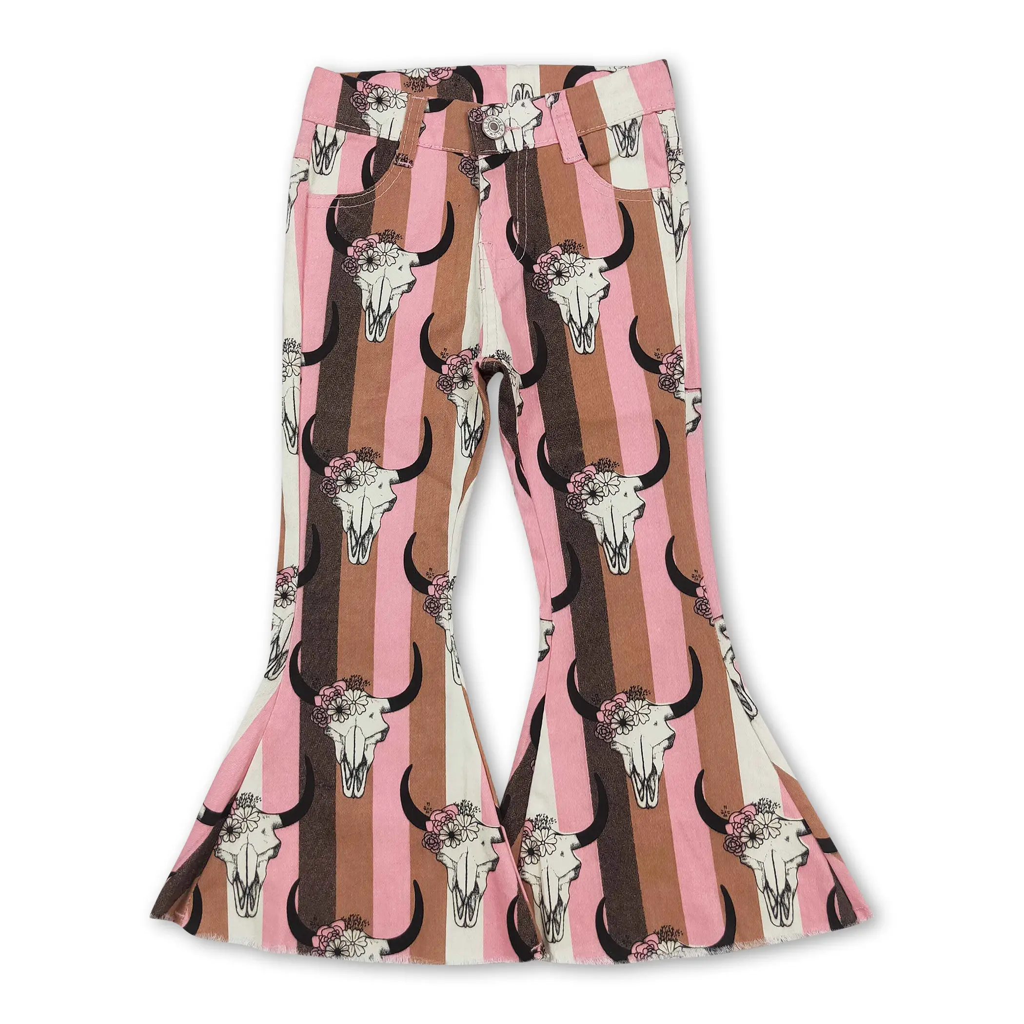 Girls' Western Flared Jeans in Stretchy Denim - Mid-Waist Casual Fit with Cow Skull Floral Print for Toddlers & Kids, Casual Comfy Pants