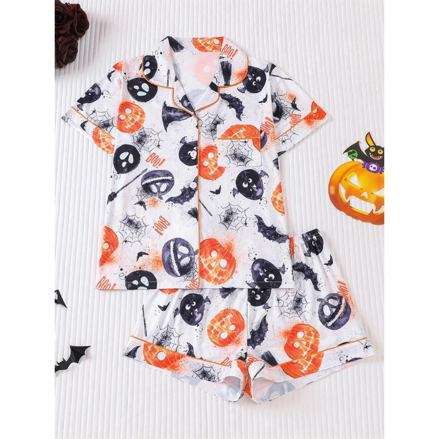 2pcs Halloween Pumpkin Spider Web Bat Print Teen Set - Stylish Short Sleeve Open Collar Top & Loose Elastic Shorts for Teens, All-Season Party & Outdoor Wear