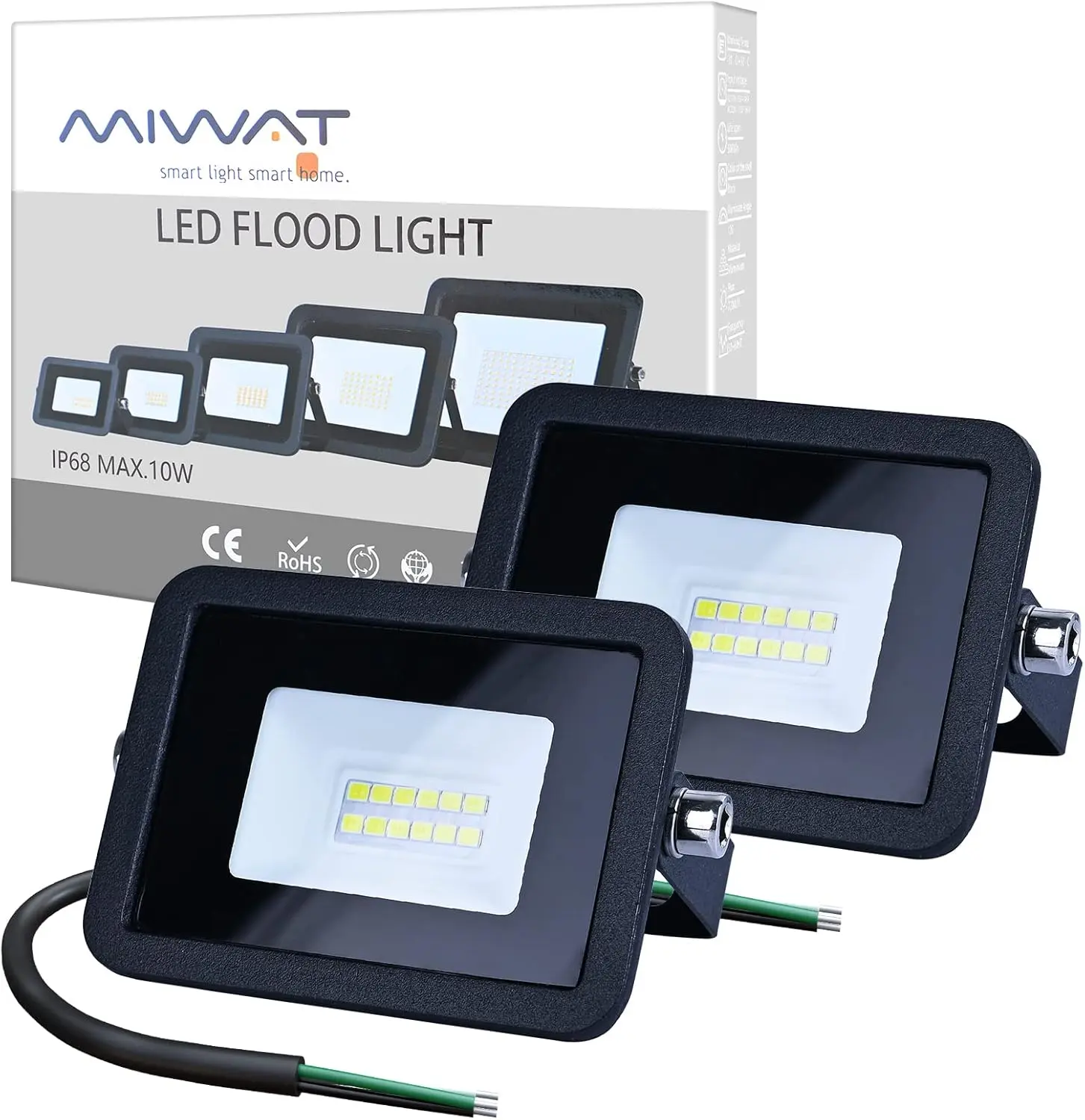 2-Pack Adjustable AC Power Supply 110V 10W LED Flood Lights, Cool White 900lm 120° Beam Angle, IP68 Water Resistant Outdoor Security Lights for Yard, Playground Home Improvement