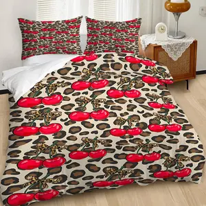 2/3Pcs Leopard Print Cherry Pattern Duvet Cover Set , Retro Sweet and Cool Girl Style Bedding Set, Wild Tension, Sweet Vitality, Full of Retro Sweet and Cool Bedroom Atmosphere, Including 1 or 2 Pillowcases - No Padding/Zipper Closure Bed Sets Supplies