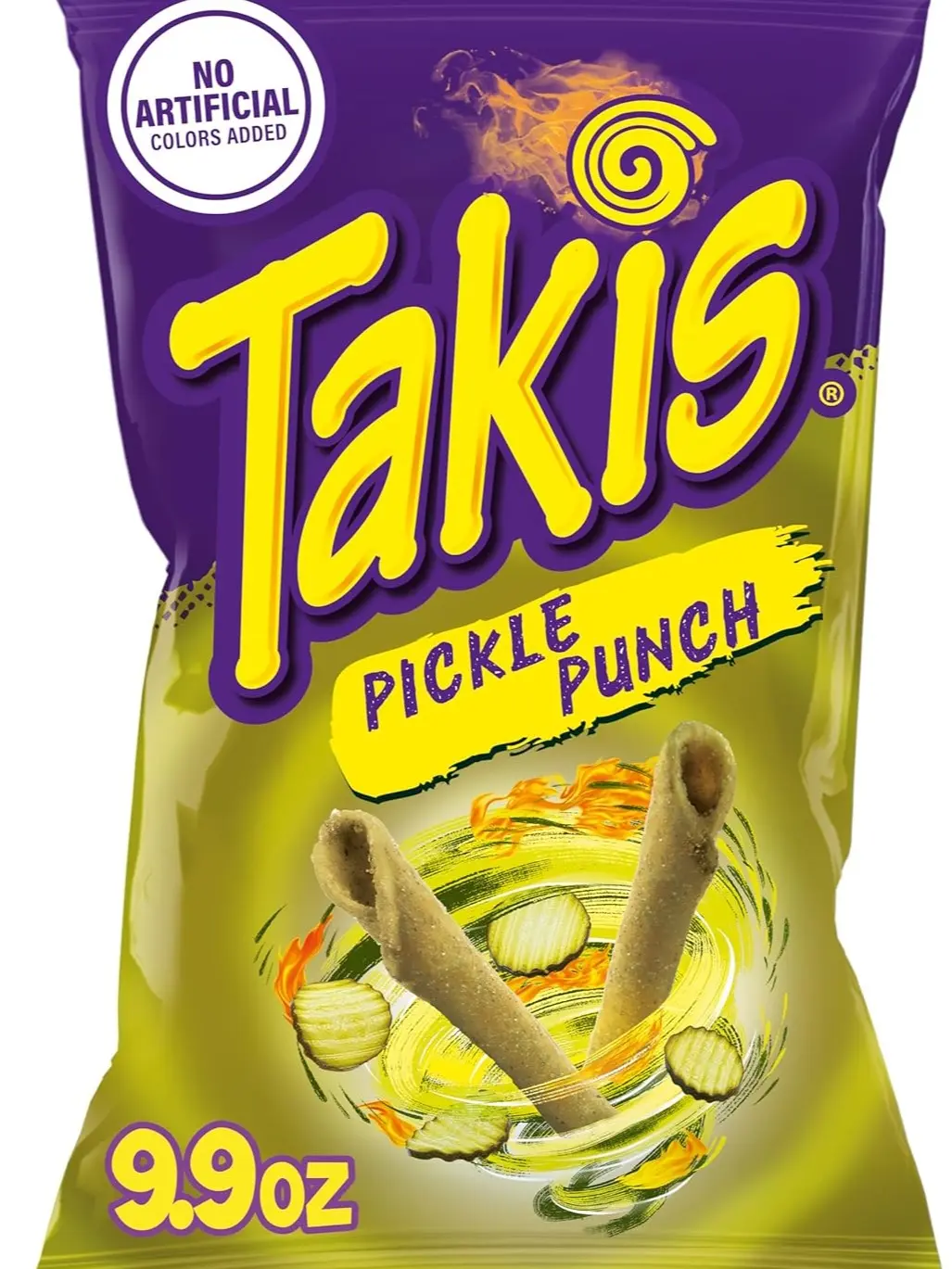 Takis Pickle Punch Rolled Tortilla Chips Sharing Size, Spicy Tangy Pickle Flavor, Crunchy Corn Snack, Medium Heat, Party Snack Bag