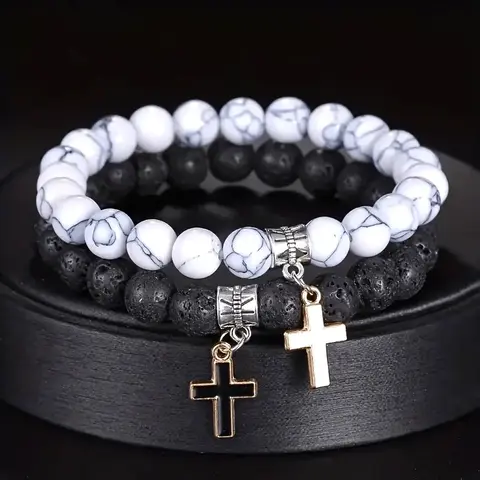 Agate Volcanic Stone Cross Pendant Bracelet, High-End Couple Bracelet, Perfect Gift for Christmas & Thanksgiving, Religious Jewelry Gift, Cross Bracelets, Faith Jewelry