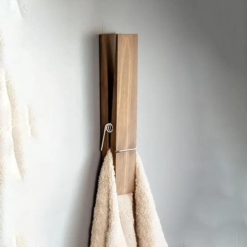 Large Modern Towel Rack with Hooks, Wooden Towel Holder, Farmhouse Style Bathroom and Laundry Room Wall Decor, Bathroom Organization, Contemporary Design, Bathroom Organizing Accessories