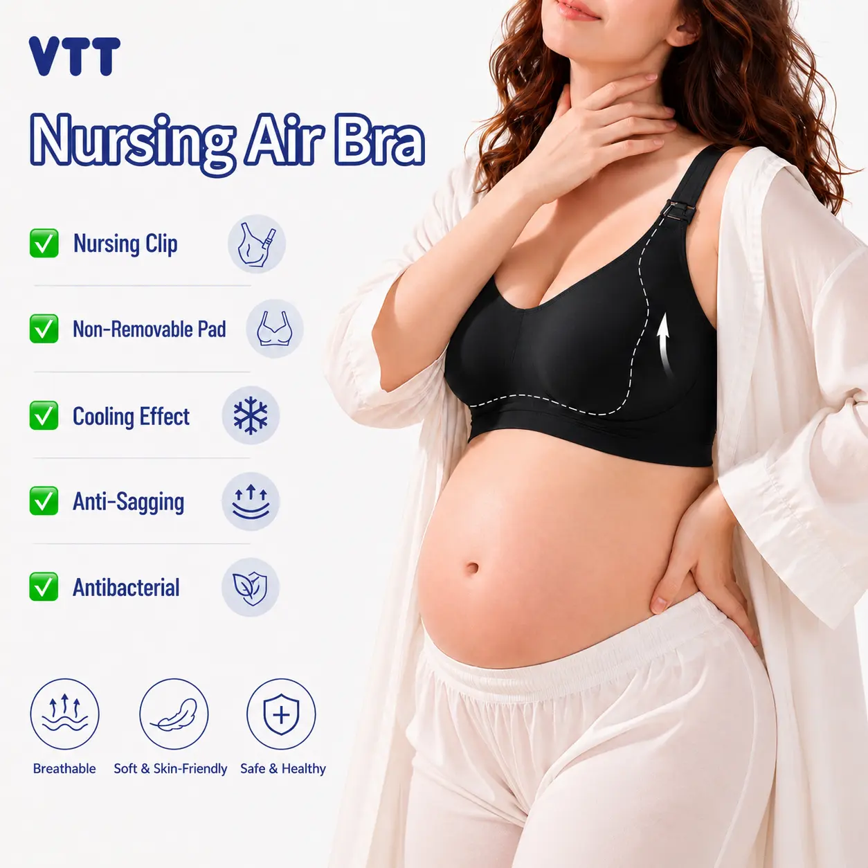 VTT Nursing Air Bra for Breastfeeding - Ultra Comfortable Maternity Bra Bralette Sleep Pregnancy Bra, Non-Removable Antibacterial Pads, Suitable for Nursing and Pregnant Mothers