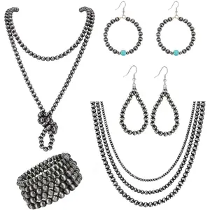 5Pcs Western Jewelry Navajo Pearl Necklace Earring Bracelet Set for Women Western Cowgirl Beaded Necklace Boho Vintage Choker Jewelry Gifts