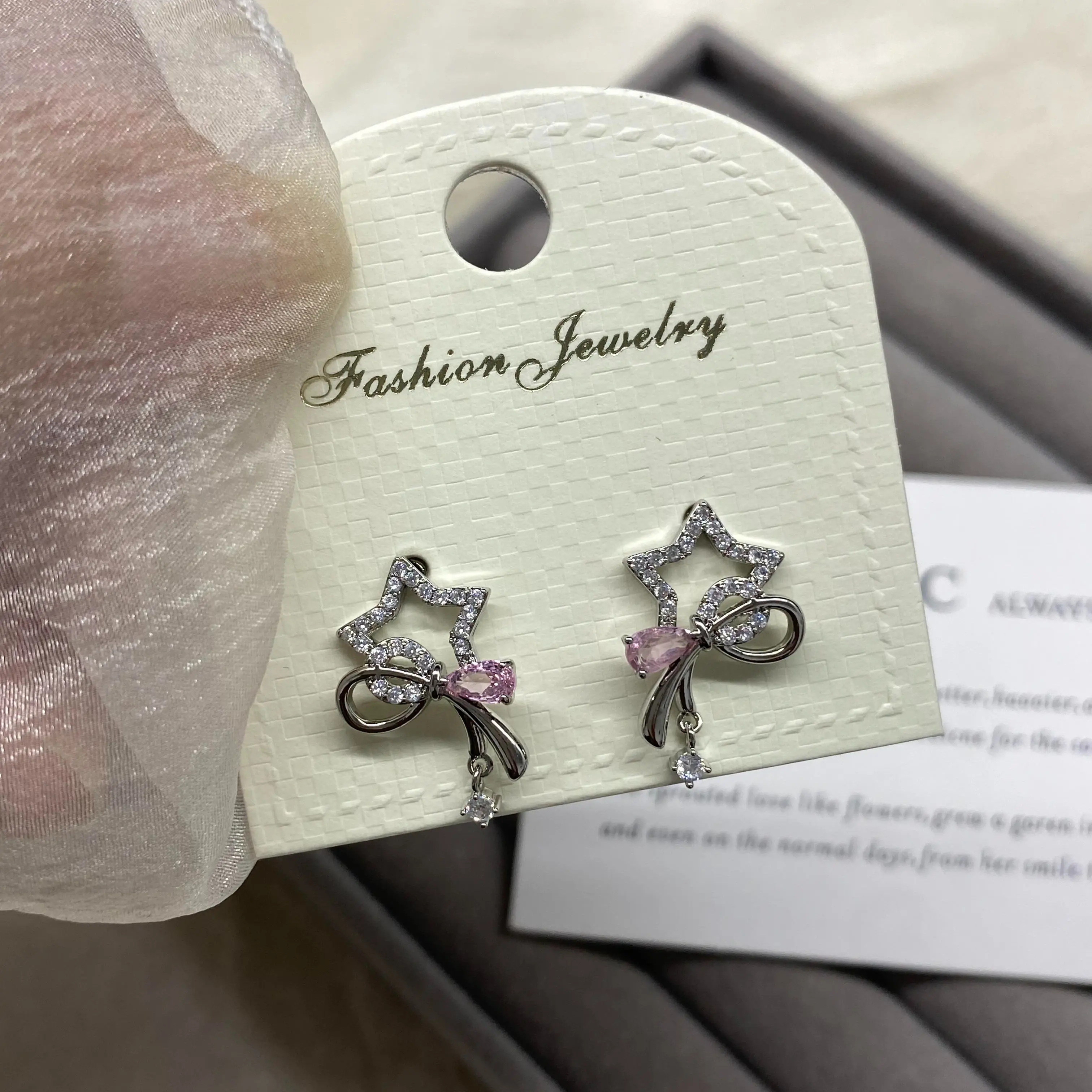 S925 Pink Star Ribbon Bow Drop Earrings