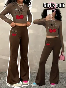 Girls' Y2K Leopard Bow Cherry Two-Piece Set, Long Sleeve Top & Bell Bottoms, Unique Color Block Design, Soft Fabric, Casual Spring & Fall Outfits