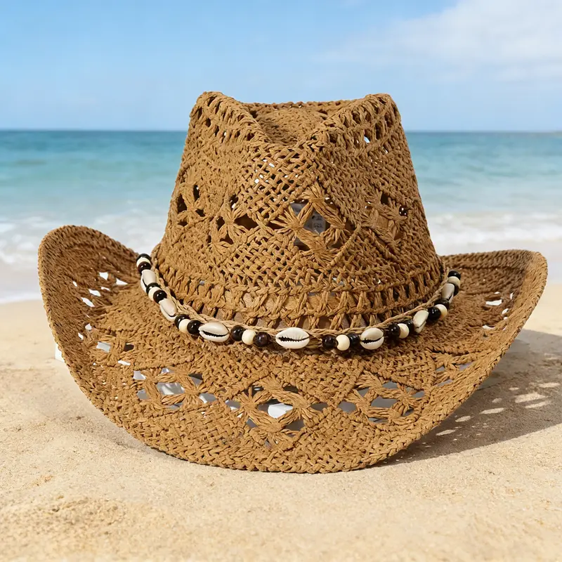 Raffia straw hat for women, large head circumference, summer vacation style, openwork design, denim-style sun hat, also suitable for men.