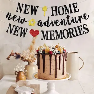 New Home New Adventure Banner - Black Glitter Housewarming Party Backdrop, New Chapter Bunting Sign Decoration