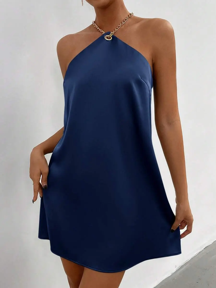 Lunara x Firerie Women's Solid Color Halter Neck Chain Sexy Bodycon Dress