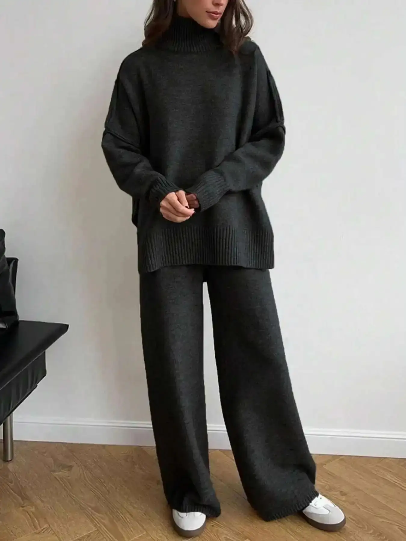 Women's 2 Pcs Solid Color Sweater Set for Autumn Winter, Long Sleeve High Neck Turtle Turtleneck Drop Shoulder Pullover and Wide Leg Pants, Fall Outfits, Casual Loungewear Womenswear elevated basics go to