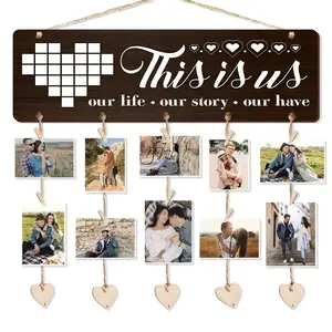 Wooden Photo Display Board with String Art Heart & Clips, 1 Set Romantic Hanging Picture Display Frame, Ideal for Anniversary, Graduation, Housewarming Gifts