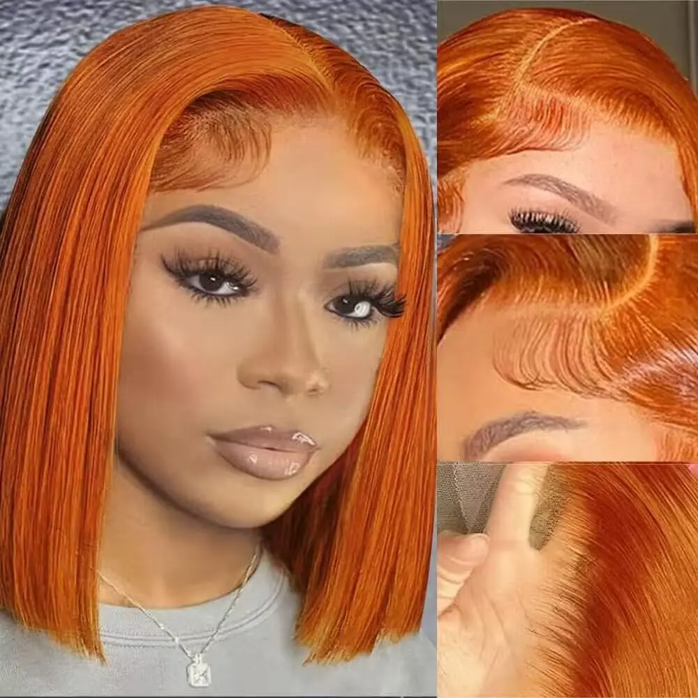 350 Ginger Orange Bob Wig Human Hair 13x4 Lace Front Wig Virgin Human Hair Glueless Wear Go Short Bob Wig Pre Plucked With Baby Hair Pre Cut Lace 180% Density Ginger Orange Wig for Black Women – Trendy Copper Orange Hair Transformation Style