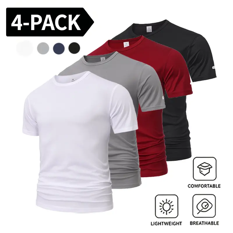 Men’s slim-fit crew neck short-sleeve T-shirts, stretchy, lightweight, breathable, solid color basic undershirts, available in multiple colors — 4-pack set