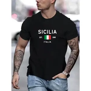 "SICILIA Italian Style Short-sleeved T-shirt" : White Characters on Black Background, Printed with "SICILIA EST. ITALIA" and The Italian Flag, Highlighting The Unique Charm of Sicily, Short-sleeved Design, Fashion