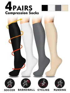 Unisex Compression Socks 4-Pack, 20-30 Mmhg Support, Knee-High Design for Running & Athletic Performance, Enhanced Blood Circulation