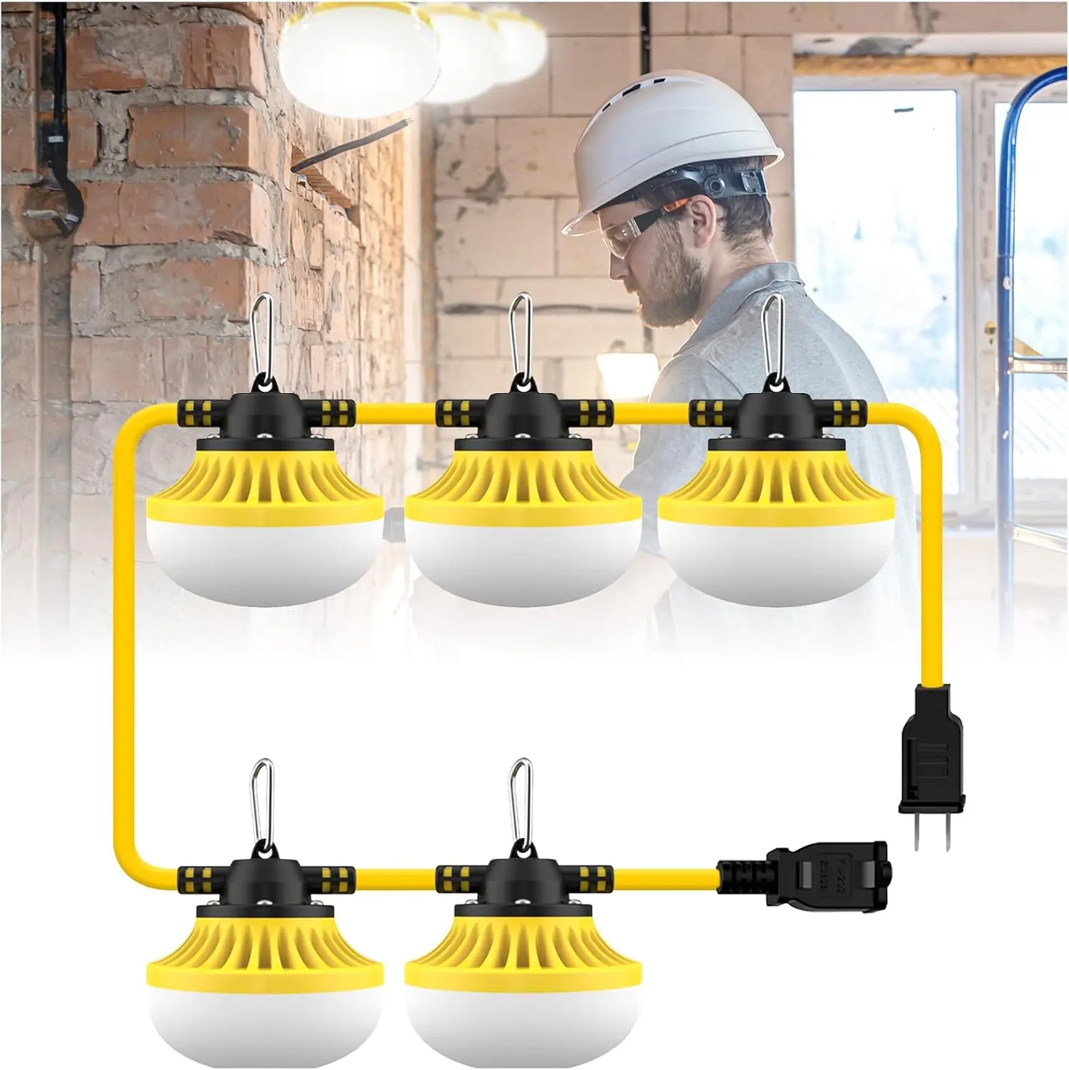 50FT LED Work Light, 50W & 5000LM Construction String Light, 5 LED Bulb Work Lights for Job Site Lighting, Construction Site, Renovation, Yard, Mine Cave