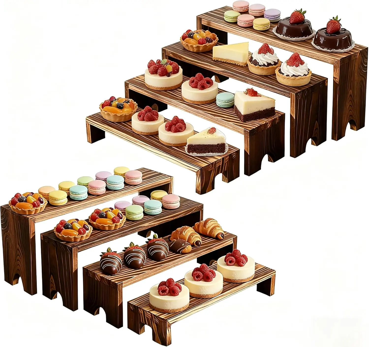Solid Wood 4-Tier Stackable Display Stand Risers Nesting Pack - Multi-Functional Dessert Cupcake Holder, Coffee Mug Organizer for Party Setup, Home Users