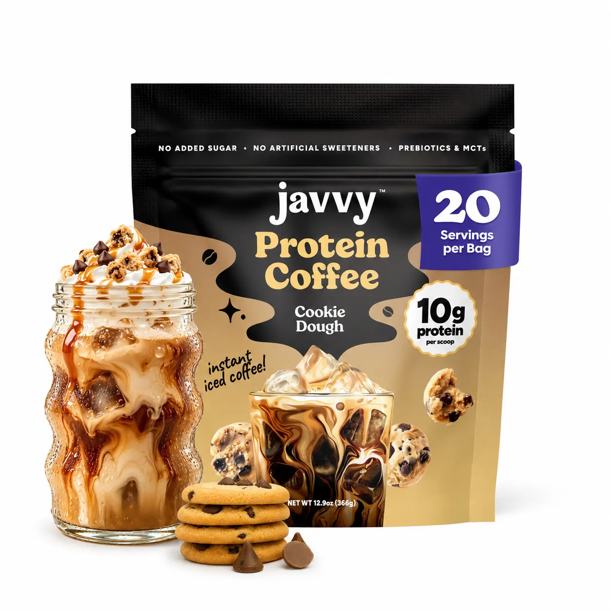 Javvy Cookie Dough Protein Iced Coffee Beverage - Premium Whey Protein, Premium Arabica Cold Brew Instant Mix - 100% Natural, 0 Artificial Flavors & Sweeteners, 80mg Caffeine Per Serving, 20 Servings, Premium Arabica Coffee