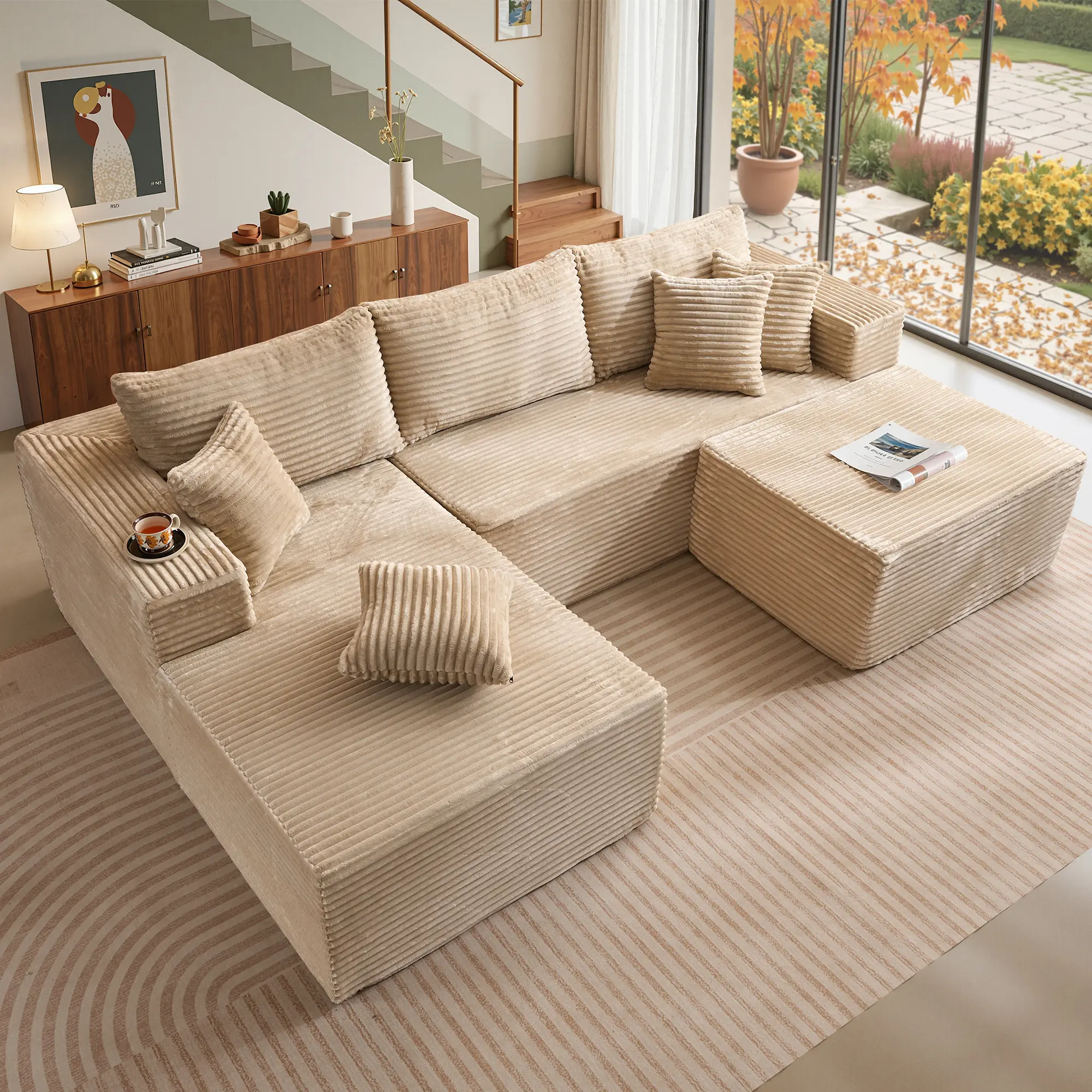 108” Beige L Shape Left Chaise With Ottoman