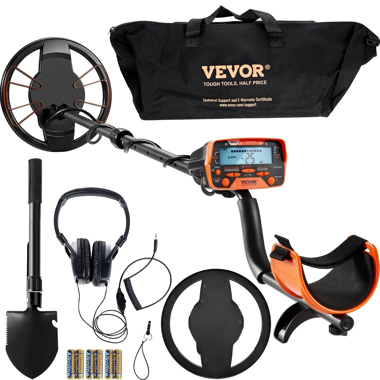 【SummerFinds】VEVOR High Precision Metal Detector for Adults - Waterproof Search Coil, Coil Protection Cover, 38"-49" Adjustable Aluminum Extendable Handle, Digging Shovel, Earphone Plug, Wired Headphones, Lightweight Stem, Handbag, Multi-Mode, Batteries