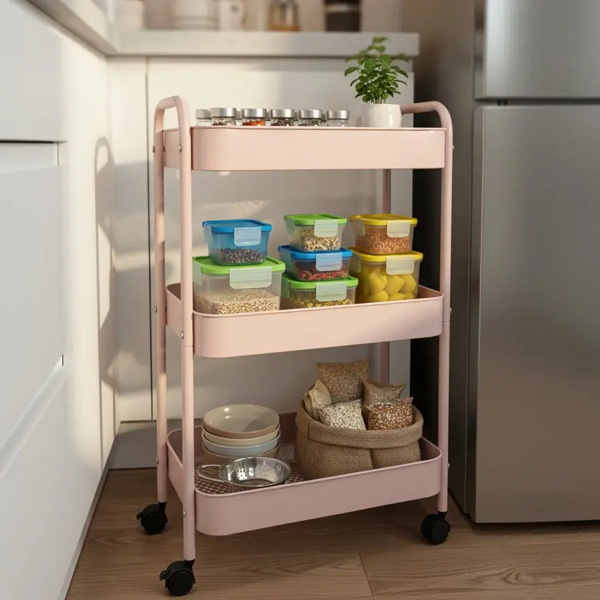3-Tier Rolling Steel Tower Utility Cart with Wheels - Pink and White Indoor Organizational Utility Cart, Multi-Functionality Storage Organizer, Space-Saving for Kitchen, Easy Assembly, Tower Utility Carts, Multi-Functionality Utility Carts   Metal Rack