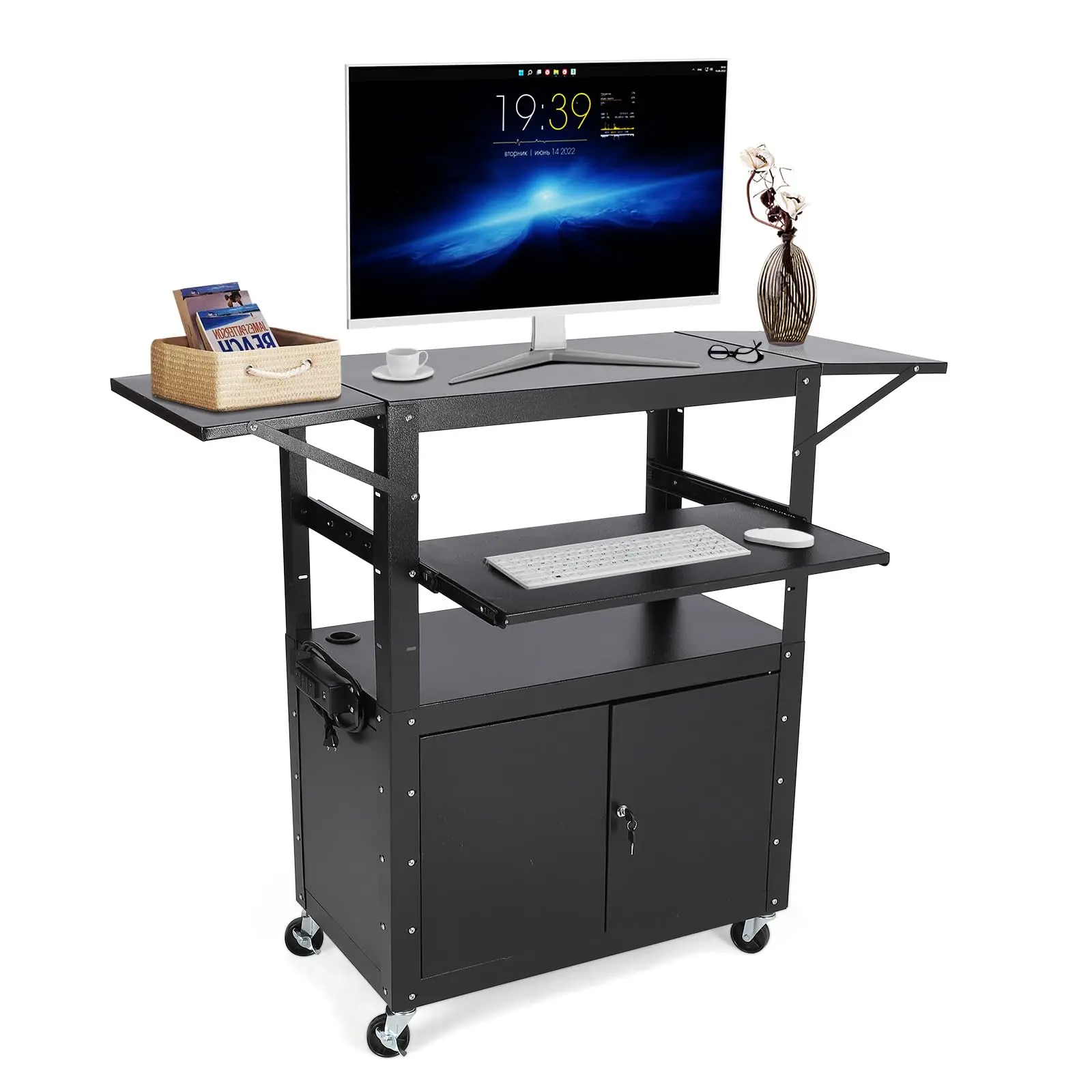 【GARVEE】AV Cart, Rolling Media Cart with Locking Cabinet, Height Adjustable Metal AV Trolley with Removable Wheels and Extension Shelf for Home or Office Use