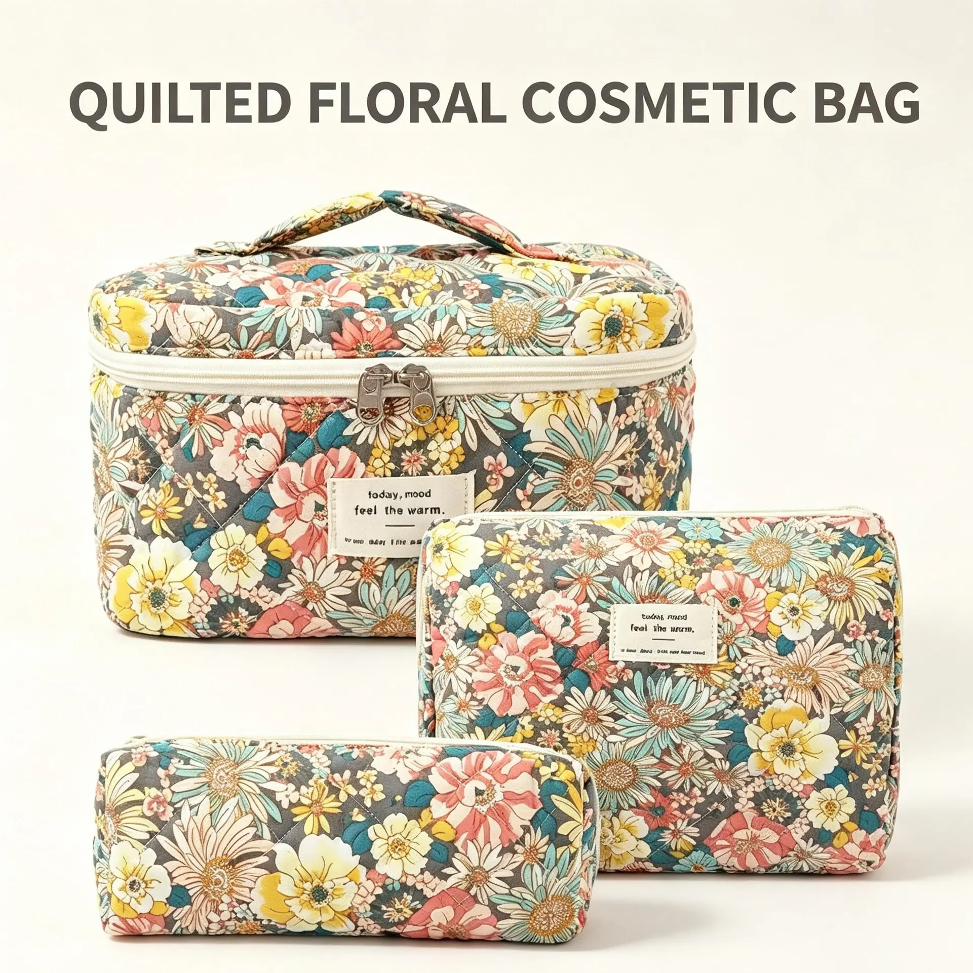 3-Piece Quilted Floral Cosmetic Bag Set Large Capacity Travel Makeup Organizer Padded Toiletry Bag with Handle for Women Girls,2026
