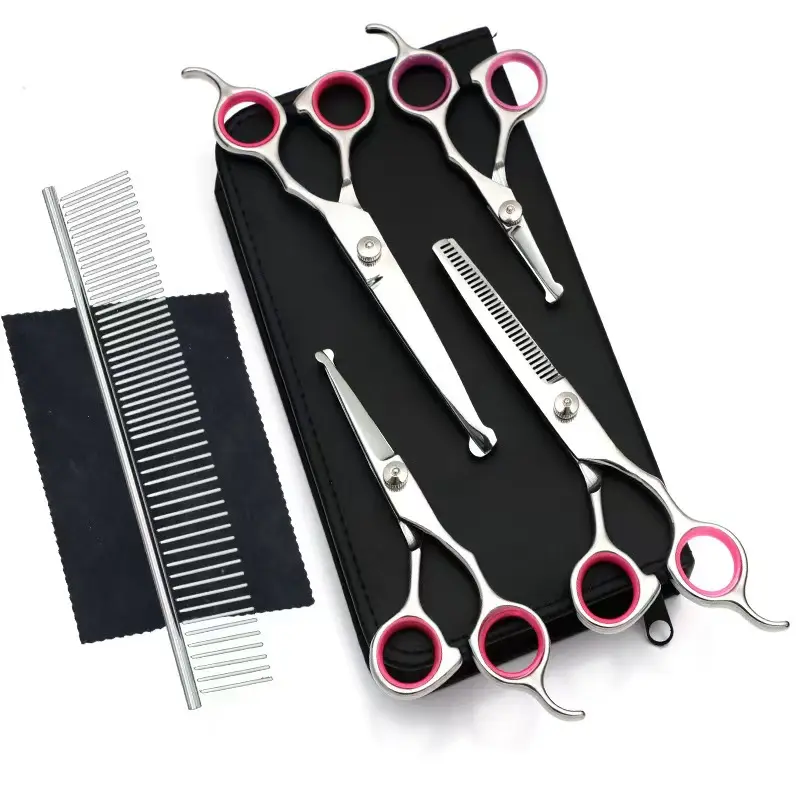 Dog & Cat Grooming Scissors Kit | 4-in-1 Pet Hair Trimming Set with Rounded Safety Tips, Comb & Storage Pouch for Home or Salon