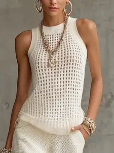 Elegant Hollow Out Knit Vest for Women, Sleeveless Round Neck Breathable Slimming, Versatile Elastic Casual Underwear Top Womenswear, Modern Tank Top