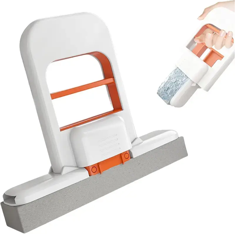 Wet and Dry Mop for Kitchen Countertops, Glass, Bathrooms and Car Interiors (Orange), Mini Folding Table Mop - Portable Self-Squeezing Handheld Sponge Mop