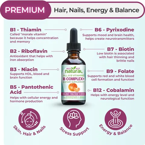 Why Not Natural B complex - All 8 B vitamins in their bioavailable forms + Stress & Energy Blend Dietary Supplement Fitness Healthcare Edible Optimum Nail