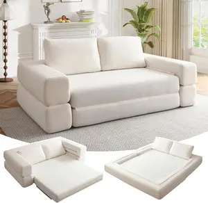 81" Boneless Couch, 3-in-1 Convertible Futon Sofa Bed Comfy Corduroy Folding Floor Sleeper Sofa with Pillows, Upholstered Loveseat for Living Room Bedroom Guest Room, No Assembly Require, Beige