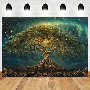 Extra Large Polyester Tree of Life Print Photography Backdrop - Dark Teal to Navy Night Sky, Golden Roots, Glowing Green Leaves, Stars, Ethereal Lights, Spiritual Mandala Wall Hanging Banner for Weddings, Birthdays, Event Decor, Birthday