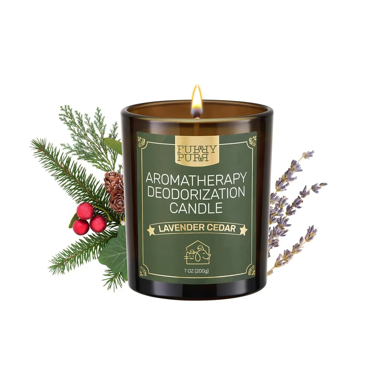 Furry Purr Xmas Pet Odor Eliminator Candle, Natural Soy Wax Candles with Catnip Essential Oil, Pet-Friendly Candles for Home Scented, Pet Lover Gift, 60-Hour Burn Time, Lavender Cedar Fragrance, 7 oz