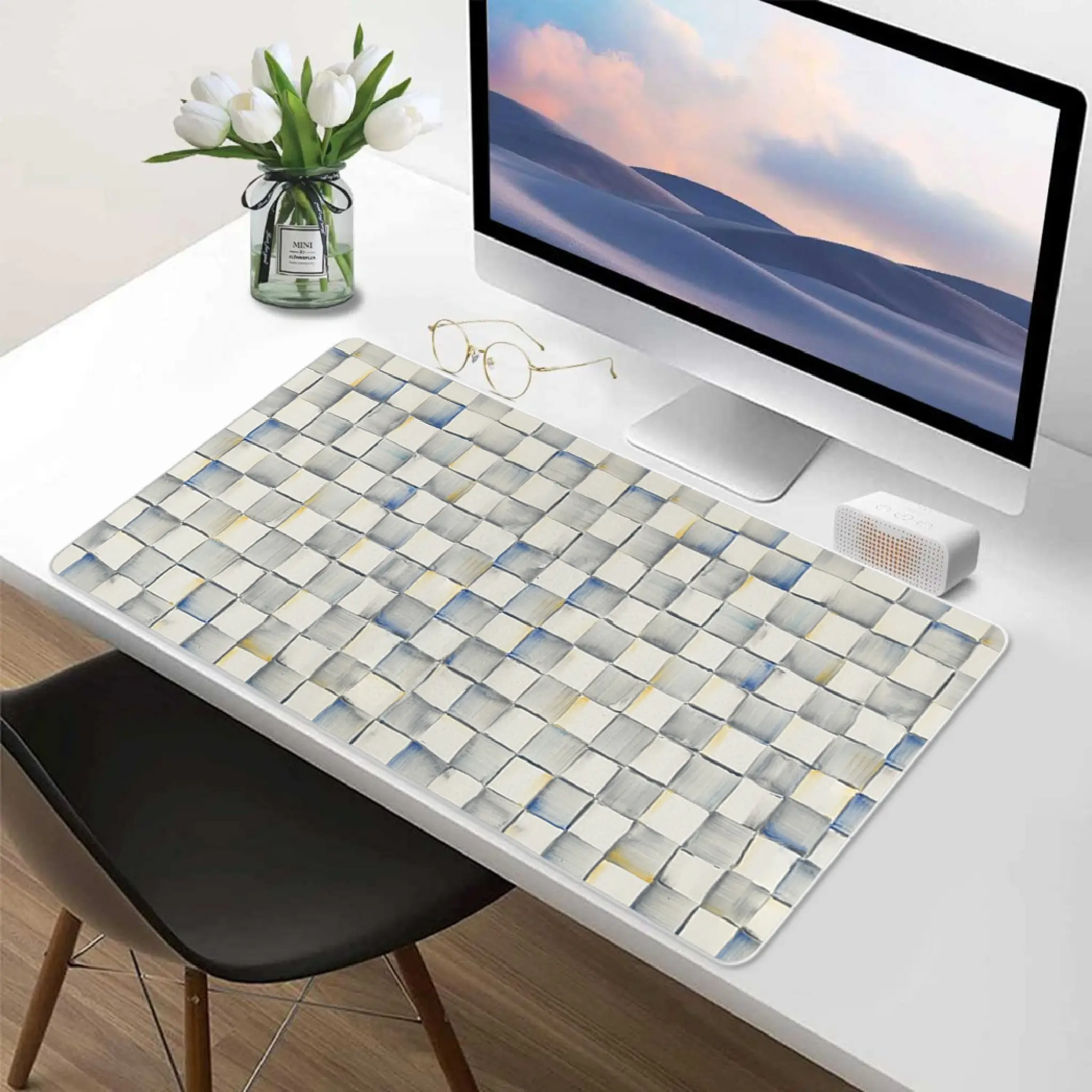 Mackenzie Childs Sterling Check Desk Mat Protector, Waterproof & Non-Slip Base Large Mouse Pad for Home