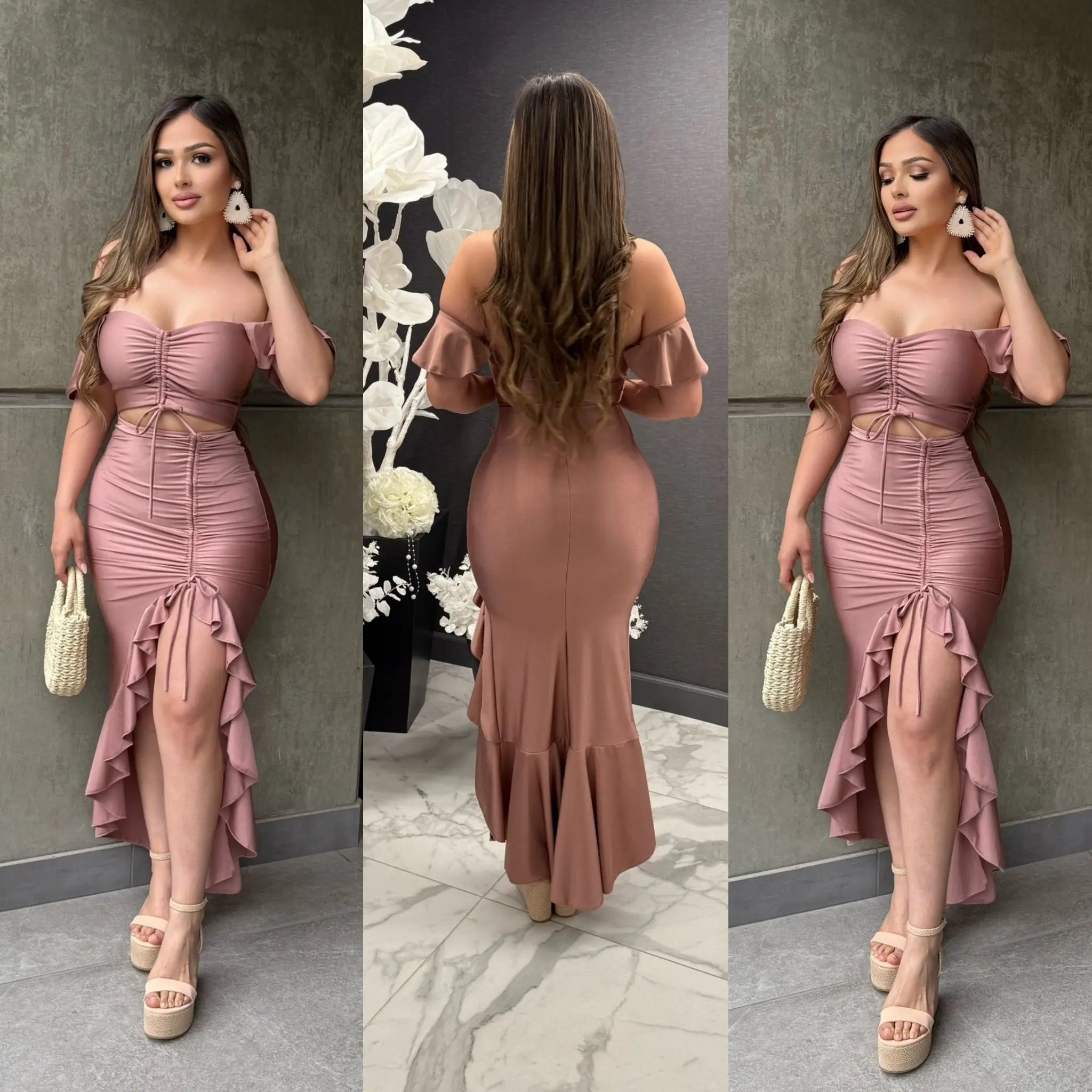 Women's Solid Ruffled High Stretch Bodycon Midi Formal Dress - Soft, Stretchy Polyester-Elastane Fabric, Opaque, Comfortable, Stylish, Privacy-Focused Design