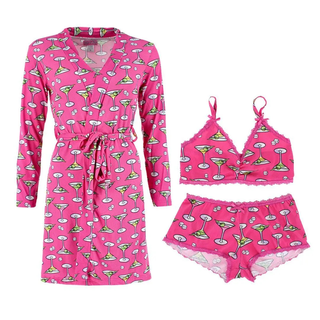 Love to Sleep Women's 2-Piece Ribbed Lightweight Martini Print Kimono Length Robe Lounge Set - Cocktail-Inspired Nightwear with Bra, Elastic Waist, Lace, Embroidery, Front Tie, Shorts & Waisted Top for Lounging & Sleeping