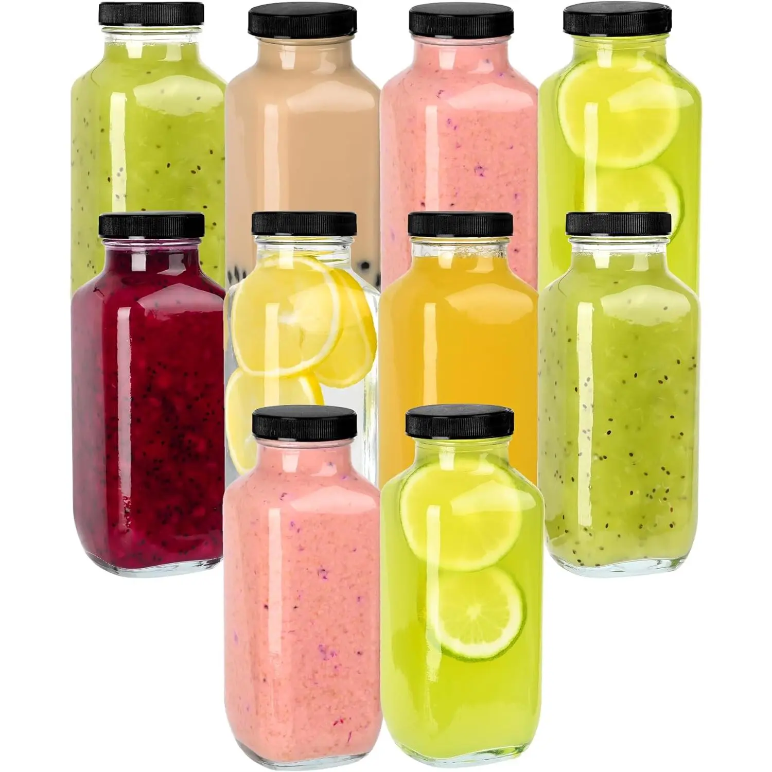 10Pas Glass Juice Bottles with Lids 16 Oz - Clear Glass Bottles with Lids, Juicing Bottles , Drink Jars Containers for Juicing, Smoothies, Water, Milk, Kombucha Storage, Wellness Shots
