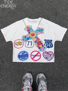 Men's Oversized Short Y2K Rhinestone Cross T-Shirt, Sparkle Street Style Patch Design, Summer Fashion, Fits Road No. 66 Detail