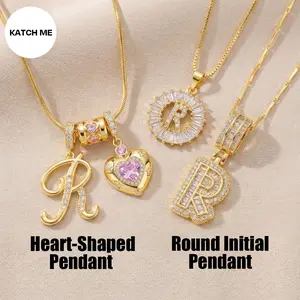 KATCH ME Women's Elegant 2-Pack Initial Letter Copper Pendant Necklaces, Rhinestone Stacking Necklace with Adjustable Chain, Basic 2 Set Jewelry Gift