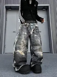 American Distressed 3D Digital Print Fake Two-Piece Jeans - Baggy Streetwear Loose Wide-Leg Pants