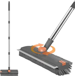 Floor Scrub Brush with Long Handle, 360° Rotating 3 in 1 Heavy Duty Floor Scrubber with Stiff Bristles, Squeegee & Tweezer, Deep Cleaning Push Broom for Bathroom, Shower, Tile, Grout, Patio, Deck, Garage, Kitchen Floor Cleaning Tool