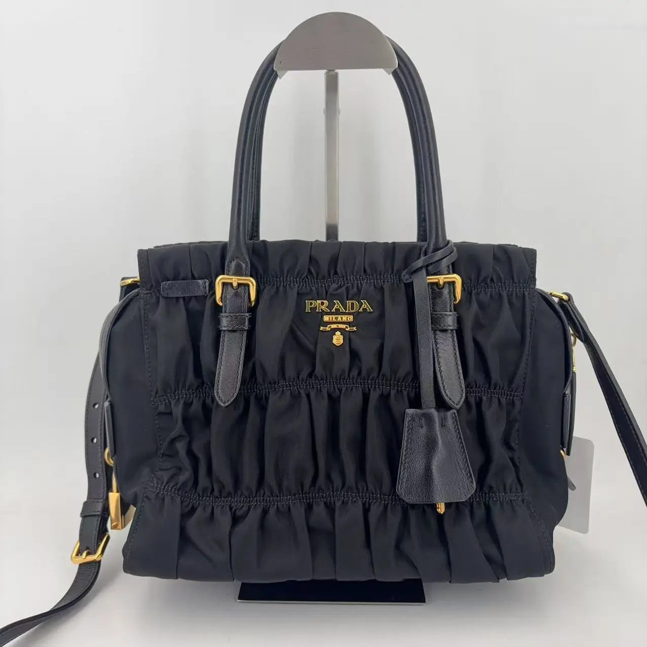 Pre-owned PRADA leather Tote Bags Black Gaufre Tessuto Nylon Shopping Tote Bag