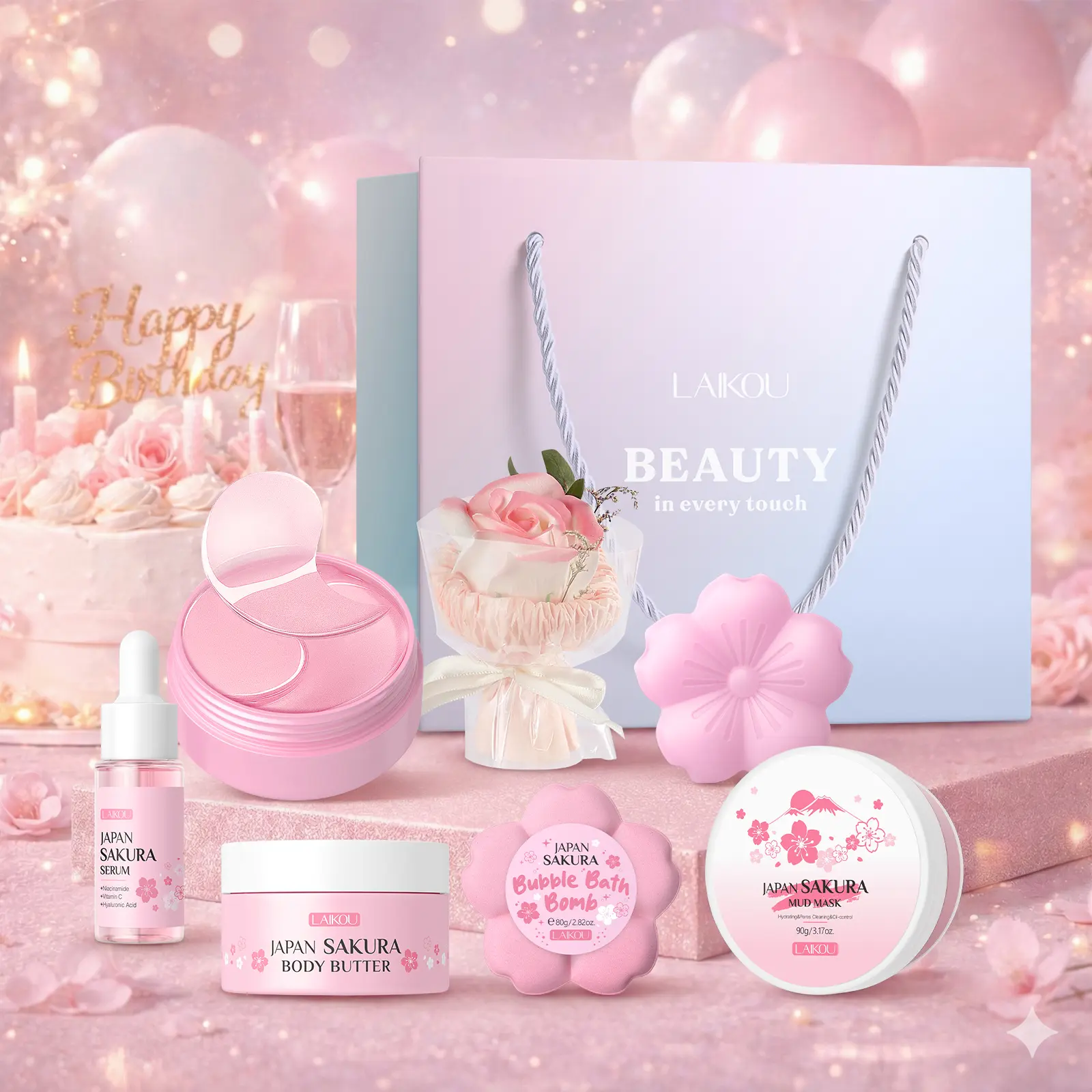 LAIKOU Sakura Wedding Birghday Gift Set, with 17ml Serum, Gentle Cleansing Mud Mask 90g/3.17oz, Soften Dry Light Beige Body Butter 100g/3.53oz, Bath Bomb 80g/2.82oz, Face Body Soap 70g/2.47oz, Eye Mask 50 Patches 70g/2.47oz, with Flower & Gift Bag