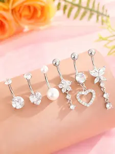 6pcs Stainless Steel Imitation Butterfly Hollow Heart-Shaped Belly Button Ring Pendant Set | Ladies Synthetic Zirconia Inlaid Belly Piercing Jewelry Navel Piercing Jewelry for Daily Wear