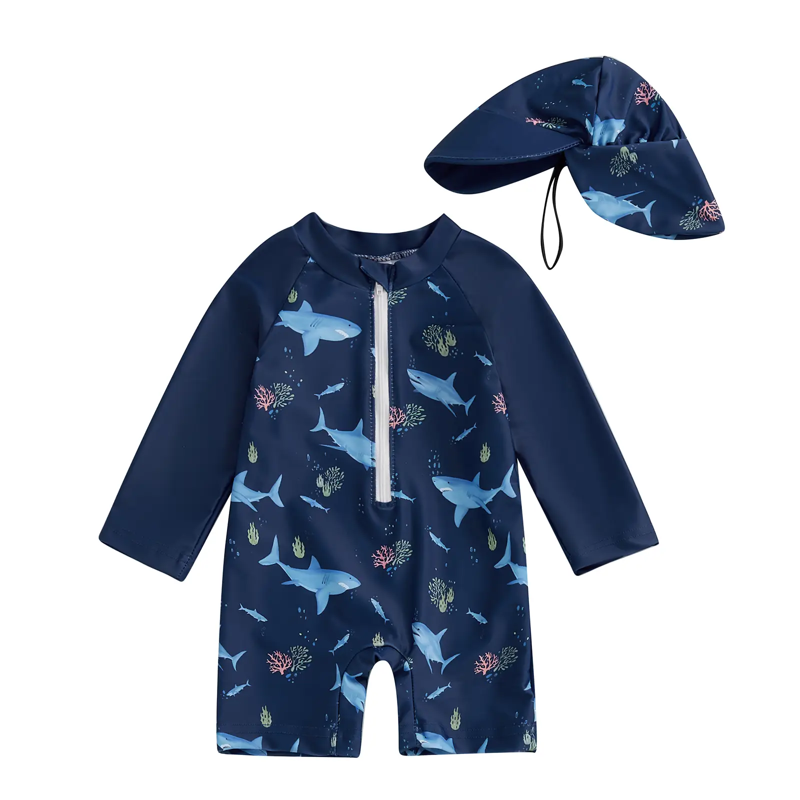 Toddler Boys Rash Guard Swimsuit Shark Print Long Sleeve Half Zip-up Bathing Suit with Sun Hat 2 Pcs Swimwear Set