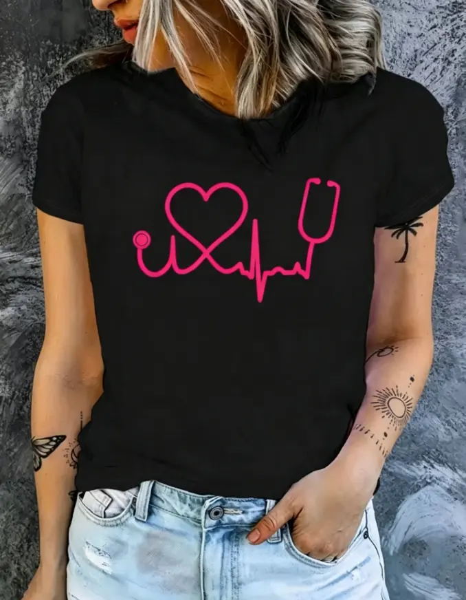 SohoChic-Women's  Print T-Shirt - Stethoscope & Healthcare Lettering, Round Neck Casual Uniform or CNA Scrubs, Machine Washable Summer Nursing Apparel