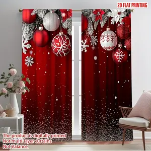 Pack of 2, 2D flat, Christmas ball pine branch print curtains, Window Curtain, winter family Christmas tree fun holiday decoration, rod pocket design, suitable for living room bedroom kitchen study balcony home decoration, Christmas theme decoration