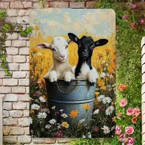 Vintage Sunflower Goat Aluminum Artistic Wall Art Rustic Home Decor with Golden Stamping for Garden Cafe Office Patio Beach Gallery Gym Garage Laundry Room Decoration